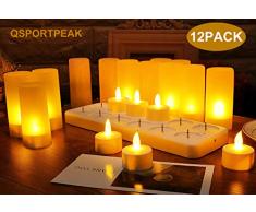 QSPORTPEAK Lot de 12 Bougie LED Rechargeable Bougies à Électrique LED Flamme Vacillante avec Station de Charge Décoration pour Noël Anniversaire Mariage Dîner Votive Restaurant Hôtel Café Bar (Jaune)