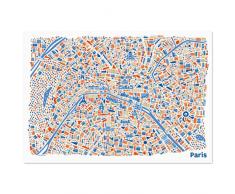 Affiche de Paris Carte illustrée (70x50cm) Plan de ville poster avec les attractions la Tour Eiffel, Louvre, Notre Dame, les Champs Elysées, le Sacré Coeur, l'Arc de Triomphe, Centre Pompidou, Musée d'Orsay et le Cimetière du Père-Lachaise