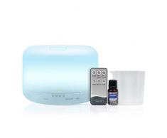 Maverick - Diffuseur huiles essentielles 500 ml avec télécommande et HUILE INCLUSE, 14 couleurs de LED . Humidificateur dair Aromathérapie silencieux ultrason, idéal pour bébé, maison et bureau.