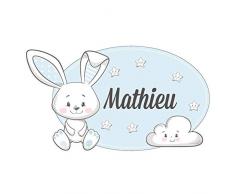 Sticker De Porte Personnalisable avec Le Prénom de Votre Enfant - Doudou Lapin Bleu - Dimensions 25 x 14,2 cm - Adhésif