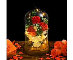 shirylzee Rose Éternelle sous Cloche Lumière de Dôme en Verre avec Lumière LED et Base, Fleur Artificielle Décoration Cadeau pour Fête des Mères Saint Valentin Mariages Anniversaires Noël (Rouge)