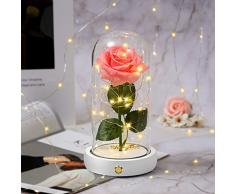shirylzee Rose Eternelle sous Cloche La Belle et la Bête Rose Dôme en Verre Fleur Artificielle avec Lumières LED et Carte de Voeux, Décor Cadeau pour Saint Valentin fête des mères Mariage (Rose)