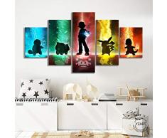 VENDISART,Impressions sur Toile,Sticker Mural Modulaire Affiche Décoration,5 Panneaux Cadre,Pocket Monsters Pokemon Anime Poster,avec Cadre,Taille:M/W=150Cm,H=80Cm