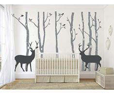 AIYANG Sticker Mural géant Arbre bouleau autocollants deer oiseaux stickers muraux pour enfant bébé fille chambre salle de jeux decor (Gris clair)