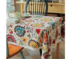 Superwinger Nappe de Noël vintage avec dentelle et motifs tournesols Nappe rectangulaire brodée en lin. Lavable pour table, pique-nique. Assortiment de tailles., lin. Coton, multicolore, 140x220 cm (55x87 inch)