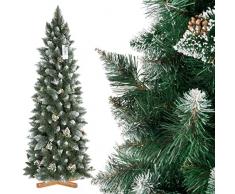 FairyTrees Arbre Sapin Artificiel de Noêl Slim, Pin Naturel Blanc Enneigé, Matière PVC, Pommes de Pin Vraies, Socle en Bois, 180cm, FT09-180