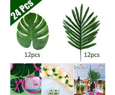 Kuuqa Ensemble de 24 feuilles de palmier tropical Simulation Plantes artificielles Feuilles de Monstera tropical pour Safari Hawaiian Jungle Beach BBQ Décorations de fête à thème (2 styles)