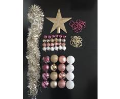 Lot déco Noël - Kit 44 pièces pour décoration sapin : Guirlandes, Boules et Cimier - Thème couleur : Blanc, Or, Rose et Lie de vin