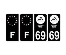 69 Rhône nouveau logo Noir autocollant plaque immatriculation auto ville sticker Lot de 4 Stickers - Angles : arrondis