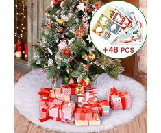 Joyjoz Jupe De Sapin de Noël, Blanc Peluche Neige Décorations darbre de Noël avec 48pcs autocollants pour cadeaux de Noël, Tapis Pied de Sapin pour décorations de Noël, Christmas Tree Skirt