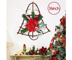 40cm Guirlande de Noel Cloches Forme, Poinsettia avec Houx Baies rouges Paillettes Ornements Guirlande de Noël pour la Hiver Décoration, Couronne de Fleurs Idée Déco pour Porte Mur Fenêtre Suspendre