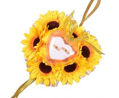 DENGSHENG SHOPS Oreiller danneau en Forme de Coeur, Anneau de Mariage Oreiller Coussin cérémonie Anneau Porteur de Tournesol Artificiel chrysanthème Ruban de Soie