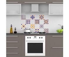 12 Stickers adhésifs carrelages | Sticker Autocollant Carrelage - Mosaïque carrelage mural salle de bain et cuisine | Carrelage adhésif - vintage bleus et oranges - 10 x 10 cm - 12 pièces