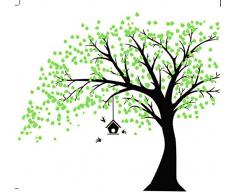Sticker mural géant Arbre Noir avec feuilles vert oiseaux et Birdcage DIY Sticker mural en vinyle pour bébés enfants enfants chambre décoration (Black,Green)