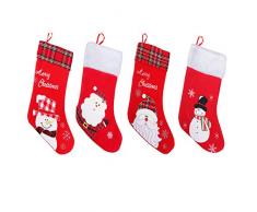 Chaussette de Noel (Lot de 4) - Botte Noel a Suspendre 45 cm Rouge - 2 Motifs Bonhomme de Neige et Père Noël, Broderie Merry Christmas - Bordure du Haut en Duvet Blanc ou Écossais - Décoration de Noël