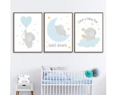 Nordic Ideas Lot de 3 Tableaux Décoratifs pour Chambre de Bébé ou d’Enfant, Posters Elephant, Impression sur Toile, Affiches Scandinave Cadeaux Anniversaire NPTWC002-M