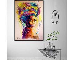 wangjingxi Afrique Femmes Imprimé Affiches Abstraite Fille Portrait Peinture sur Toile Coloré À lhuile Mur Art Peinture pour Salon 50X75Cm