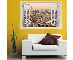 Peinture murale 3D Vue fenêtre Sticker Mural ville de Paris （60X90CM) Poster Affiche dart peintures murales de murales pour canapé salon chambre décoration de la maison