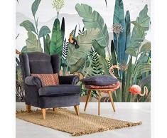 Papier peint adhesif baroque panoramique 3D Mur de fond animaux sud-est asiatique dessiné plantes, fleurs et oiseaux