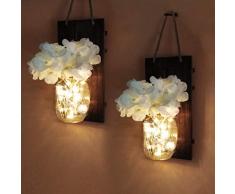Appliques Murales Bois Antique, Yofuly 2 Pcs Bougeoirs Muraux Rustiques, Crochets en fer Forgé, Soie Hortensia et Bande de Lumières LED Design for Home Decoration