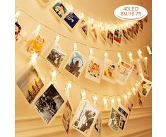 Zorara 6M 40 Led Guirlande Lumineuse Photo, Guirlande Photo Led, Guirlande Porte Photo Mural, Porte Photo Pince pour Fête, Décoration, Mariage