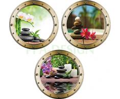 PPA DESIGN Sticker Mural Trompe loeil Hublot Galets Bambou Orchidée Fleur - Pack de 3 Hublots - Packhu005 (20x20cm)