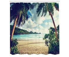 ABAKUHAUS Palmier Rideau de Douche, Plage d'été Photo de Coucher de Soleil Tropical de Style Vintage, Tissu Artificiel serti de 12 Crochets imprimés, 175 x 180 cm, Vert Foncé Brun Bleu Pâle