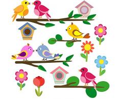 PREMYO Stickers Muraux Enfants Oiseaux Fleurs - Autocollants Décoration Murale Chambre Bébé - Facile à Poser