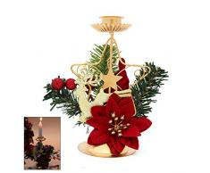 Bougeoir de Noel, Métal Doré Chandelier Décoratif Poinsettia Renne Étoile Ornements Rouges Christmas Candélabre pour la Décoration de la Dîner de Noël Table, Hiver Deco Cadeau