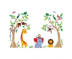decalmile Stickers Muraux Arbre et Animaux de la Jungle Autocollant Décoratifs Singe Girafe Éléphant Décoration Murale Chambre Enfants Bébé Pépinière