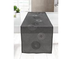Chemin de table anneaux tissu gris, motifs anneaux entrelacés blanc, gris et noir, 100% polyester