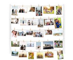 Vencipo Cadre Photo Mural en Bois Collage pour Accrocher Décoration Murale, DIY Corde Porte-Photos Pêle-Mêle avec 30 Clip, Affichage Photo pour la Suspendre Artwork, Notes, Couple, Anniversaire.
