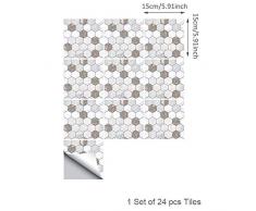 Topmail 24 Pièces Stickers Carrelage Auto-adhésif Imperméable Marbre Géométrique en PVC Design de Carreaux de Ciment Autocollant Mural Décoratif pour Cuisine Salle de Bain Brun et Blanc 15x15cm