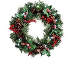 WeRChristmas 60 cm Couleur Naturelle de pin et Baies Couronne avec décoration de Noël illuminé avec 20 LED Blanc Froid