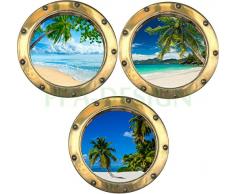 PPA DESIGN Sticker Mural Trompe loeil Hublot Plage Palmiers - Pack de 3 Hublots - Packhu023 - Plusieurs Dimensions Disponibles * (20x20cm)