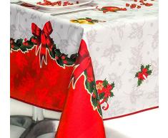 Villages de Provence Nappe Antitache Rectangulaire - Infroissable et 100% Polyester - 350x150 cm - 10/12 Couverts - Noël avec Cloche - Blanc - Intérieur ou Extérieur