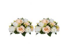 Nuptio 2 Pièces Fleurs Artificielles, 15 Têtes de Roses Plastique avec Base, Convient au Centre de la Table Mariage Notre Magasin pour Les Fêtes Décoration de Saint Valentin(Champagne&Blanc)