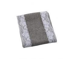 Amosfun Chemin de Table en Toile de Jute avec Dentelle Nappe Vintage Drap de Table Drapeau Drapeau pour fiançailles de Mariage de noël décoration de Douche Nuptiale 30 x 275 cm (Gris)