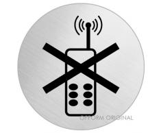 OFFORM Plaque de porte en acier inox brossé, pictogramme "Portables interdits" Ø 130 mm No.6949