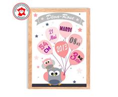 Tableau naissance fille, thème hiboux, tableau à personnaliser, cadeau de naissance, décoration chambre fille rose et gris