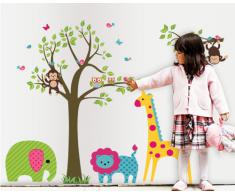 ufengke® Grand Arbre Coloré et Cartoon Animaux Stickers Muraux, Beaux Singes Éléphant Lion de Girafe, la Chambre des Enfants Pépinière Autocollants Amovibles