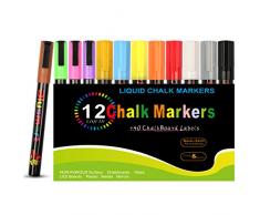 Marqueurs Craie, Blusmart 12 couleurs assorties avec 40 décoratif adhésif Stickers, Pointe Réversible 6mm+3mm, Feutres Liquides Surfaces Non Poreuses, Ardoise, Verre, Céramique