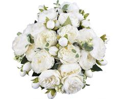 XONOR 4 Bouquets de Fleurs artificielles en Soie Pivoine Artificielle Fausse Fleur glorieuse pour la décoration de Maison Nuptiale de Noce, 5 fourchettes, 9 têtes (Blanc)