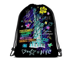Jiuerlius2 Mens and Womens Drawstring Backpack Bag Hiking Light Weight New York City Statue Liberty NY Doodle Hand Drawn Freedom Poster Sketch Style Lettering Trendy