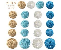 20 PCS Boules De Rotin Boule En Osier Décoration Orbes Vase Fillers pour La Décoration Intérieure, Artisanat, Fête, Accessoires Daromathérapie, 80mm, 50mm (bleu, bleu clair, blanc, couleur nature)