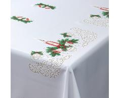 Nappe de Noël rectangulaire blanc motif bougie rouge doré vert, Polyester, blanc, 57 x 118 (145cm x 300cm)