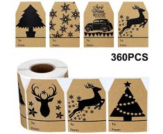 360 Pièces Stickers Étiquettes de Cadeaux Kraft de Noël Étiquettes Autocollantes Kraft de Flocon de Neige d’Arbre de Noël Autocollants Kraft Naturels de Noël, 2 x 3 Pouces