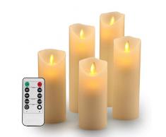 Bougies LED,Bougies Sans Flamme.Lot de 5 (10,12,15,17,19 cm,Ivoire),En Véritable Cire. Avec Vacillement des Flammes Très Réaliste, Télécommande Avec 10 Menus De Fonction, Minuterie de 24 Heures