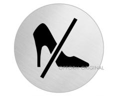 OFFORM Plaque de porte en acier inox brossé, pictogramme "Talons aiguilles interdits" Ø 100 mm No.7713