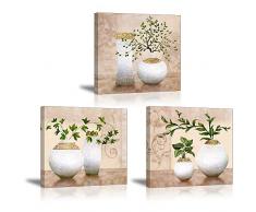 Piy 3x Impression elegant arbre dans la Vase à Fleurs sur Toile Peinture motif modern Tableaux Home Déco Mural en Bois réel ,Impermeable, Prête à poser Mur Art pour Chambre hotel Salle 30x30x2.5cm